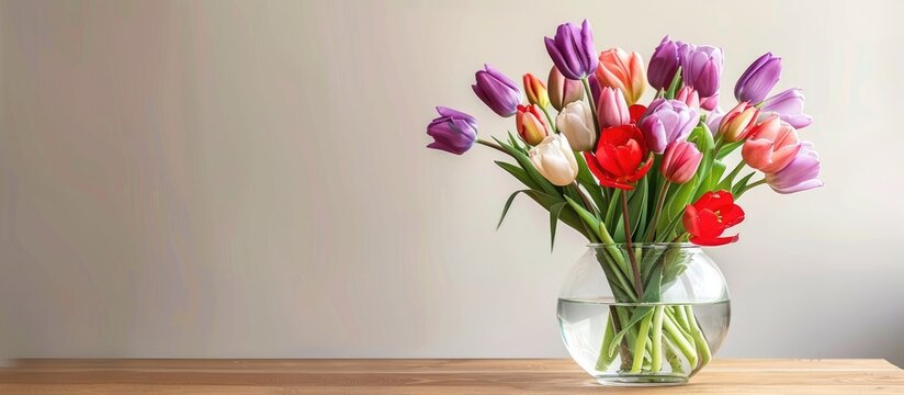 Beautiful fresh flowers in vase, red, pink and purple tulips in glass vase Mother's day gift, spring flowers concept, birthday bouquet present close-up with space for text. with copy space image