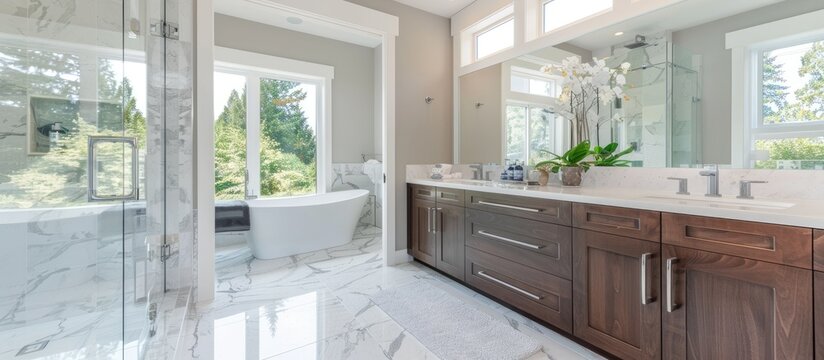 Bright and airy master bathroom features White Modern Double Vanity With Rich Brown Cabinets and marble walk-in shower. Northwest, USA. with copy space image. Place for adding text or design