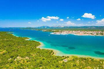 Aerial view of Adriatic town of Pirovac and Murter island, Dalmatia, Croatia