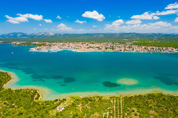 Aerial view of Adriatic town of Pirovac and Murter island, Dalmatia, Croatia