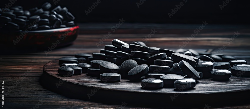 Poster powerful activated charcoal pills displayed on a dark table with ample space for text alongside in t