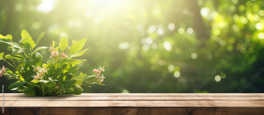 Poster outdoor template featuring a wooden table with a green sunny bokeh, ideal for showcasing your produc