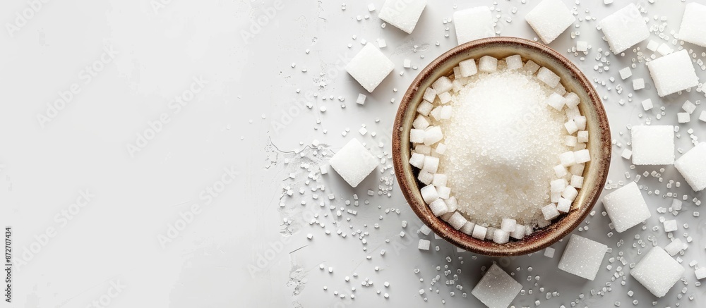 Poster Granulated sugar and sugar cubes in a bowl on a white background with copy space image.