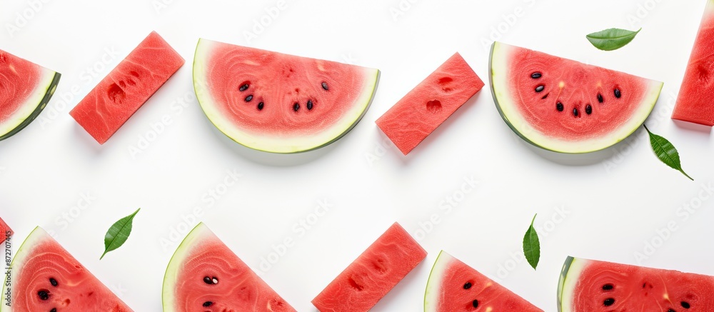 Poster fresh watermelon slices creatively arranged in a scandinavian-style flat lay on a white table backgr