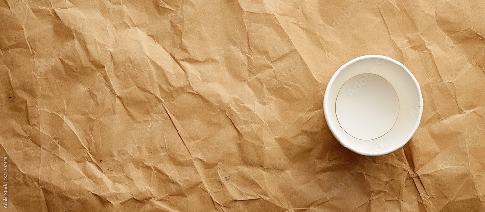 Aufkleber top view closeup photo of an empty white coffee cup on a brown paper with copy space image.