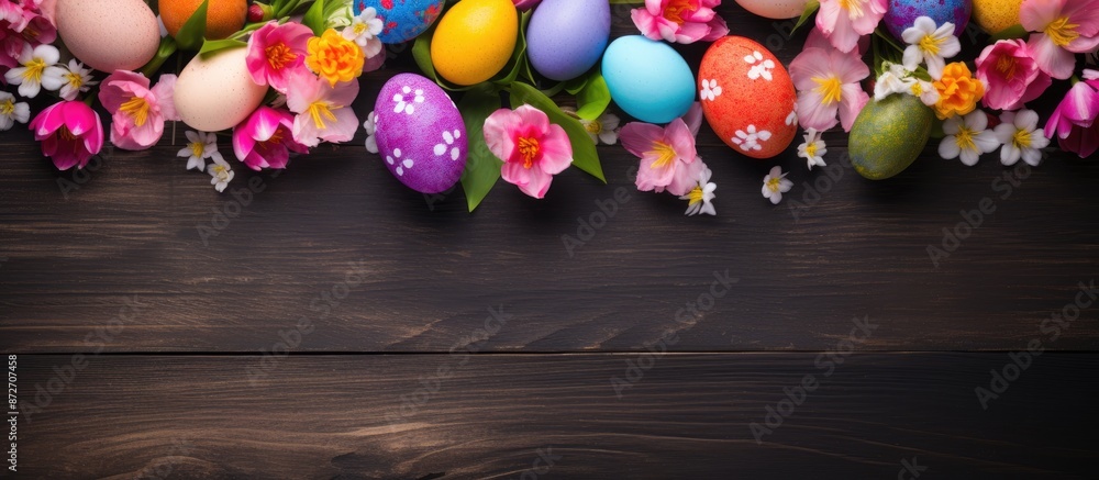 Poster vibrant easter eggs and spring blooms on dark wood backdrop, with copy space image along the bottom 