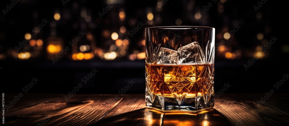 Poster elegant whiskey glass on a dark bar counter with a moody ambiance, creating a drink art concept with