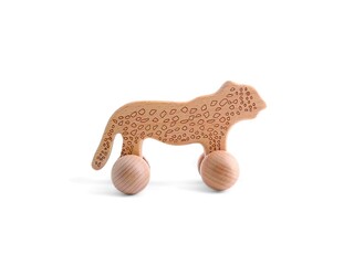 A wooden toy car shaped like a leopard character on a white background