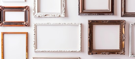 Vintage picture frames displayed against a white backdrop providing ample copy space image.