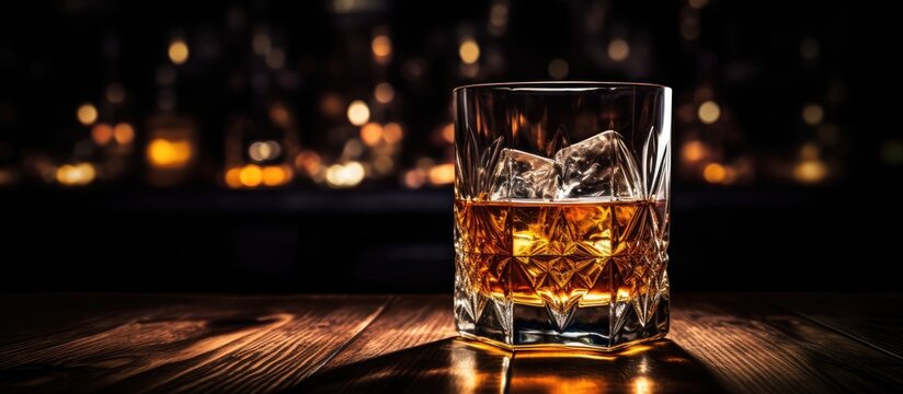Elegant whiskey glass on a dark bar counter with a moody ambiance, creating a drink art concept with copy space image. - Powered by Adobe