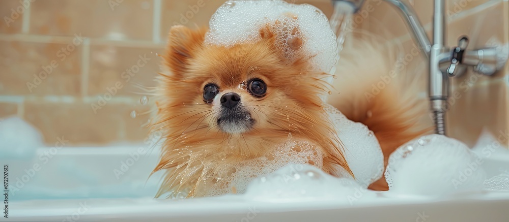 Poster Pomeranian spitz is showering with shampoo in dog bath. Copy space image. Place for adding text or design