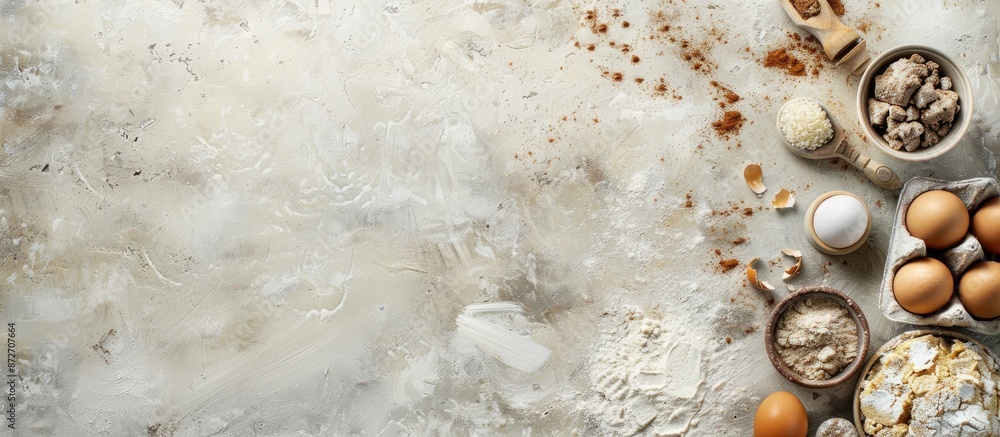 Poster a light stone table with various baking ingredients like flour, sugar, and eggs, viewed from above, 