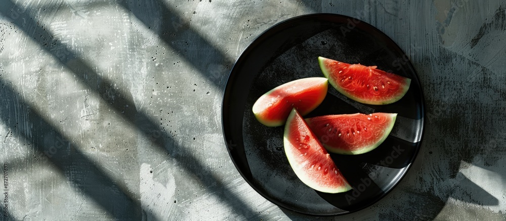 Aufkleber a black plate holds watermelon slices on a concrete backdrop with sunlight shadows, providing copy s