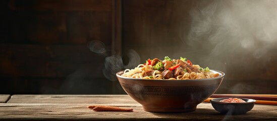 Cooking Chinese fried noodles in a ceramic bowl on a wooden table, with a distinctive copy space image.