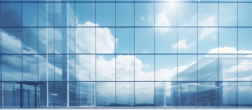 Poster modern business architecture featuring a tall generic corporate office building exterior with square