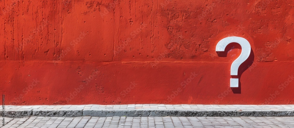 Poster faq concept depicted by prominent white question mark against red wall with ample copy space image.