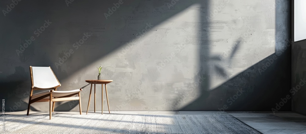 Poster small table and chair placed on the carpet floor on modern wall, minimal concept. with copy space image. Place for adding text or design