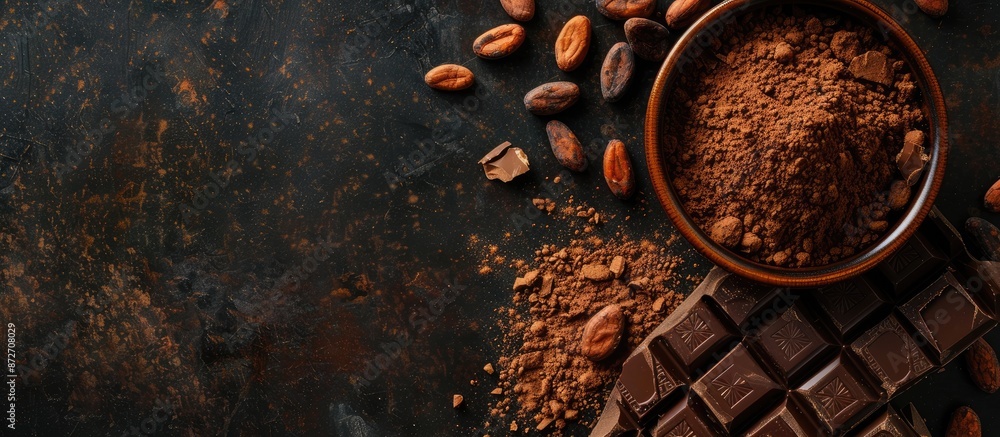 Aufkleber a chocolate and cacao concept with cocoa powder in a bowl beside cocoa beans and shattered chocolate
