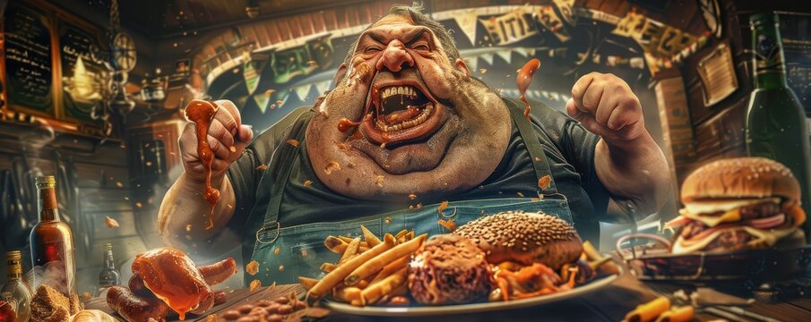 Obnoxious man angrily shouting in a messy restaurant. Free copy space for text.