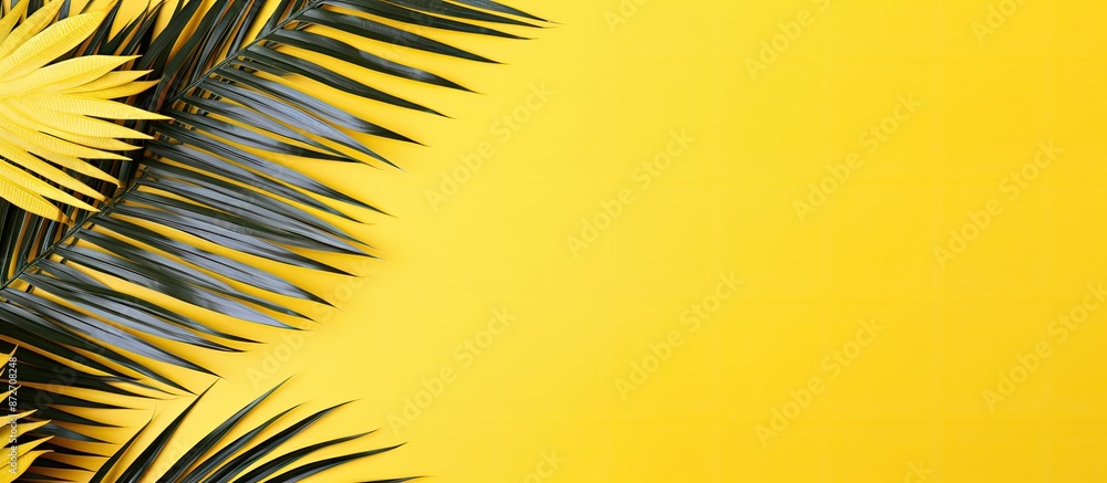 Aufkleber top view of tropical palm leaves on a vibrant yellow backdrop with ample copy space image, embodying