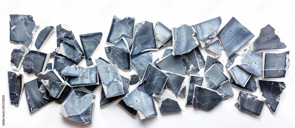 Poster fragments of broken ceramic tiles of gray-blue color in a check on a white isolated background. with copy space image. Place for adding text or design