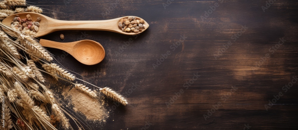 Fototapete wooden spoons and a cutting board placed on a table with scattered flakes and wheat, providing a rus