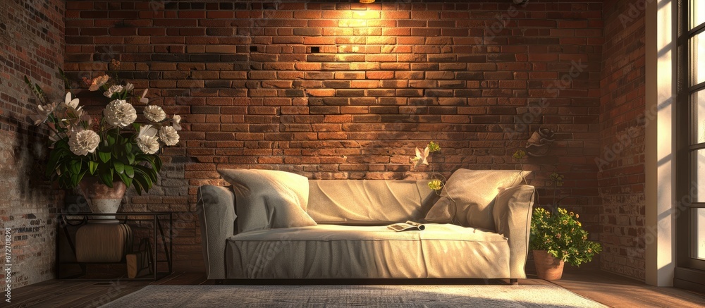 Poster a vase of flowers in the living room and a sofa, brick wall backdrop and fair lighting. with copy sp