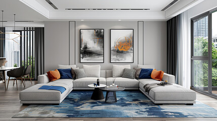 Modern living room with gray and blue decor, stylish furniture, and a cozy atmosphere.