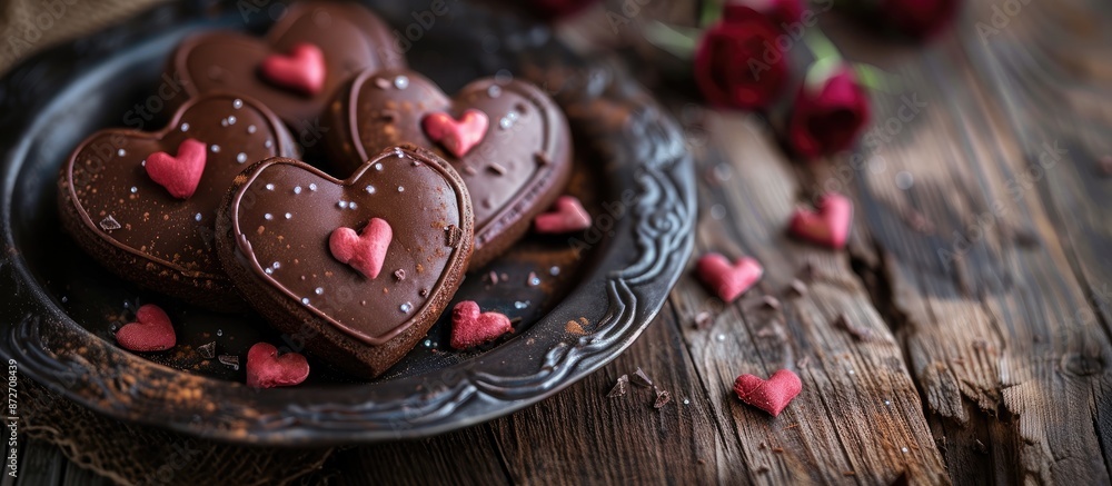 Aufkleber Valentine's Day chocolate heart cookies for a couple, featuring a greeting card element with space for text in the image. with copy space image. Place for adding text or design