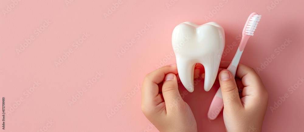 Poster child holding a large tooth and toothbrush on a pink background to signify dental health. top-down v