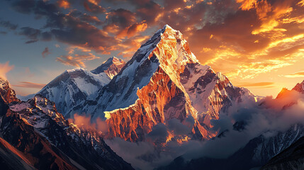 A majestic mountain peak towering above the clouds, bathed in golden sunlight with a soft mist rising from its base