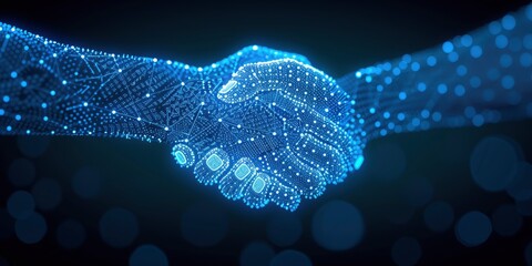 two hands shaking hands with digital network connection in it on dark blur bokeh background