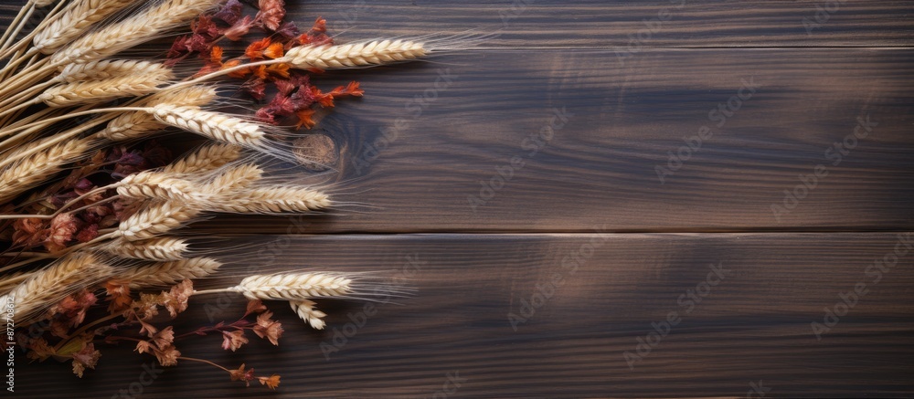 Poster create an autumn-themed flat lay featuring dried wheat ears on a dark wooden surface, leaving room f