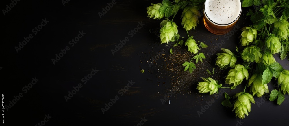 Poster top view of a glass of light beer with green hops on a black table, providing ample copy space image