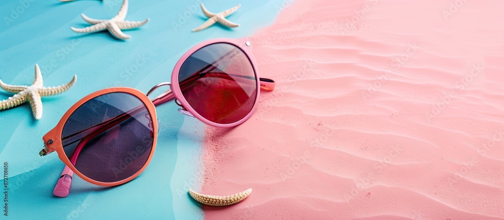 Poster stylish sunglasses on pastel background. beach accessories. with copy space image. place for adding 