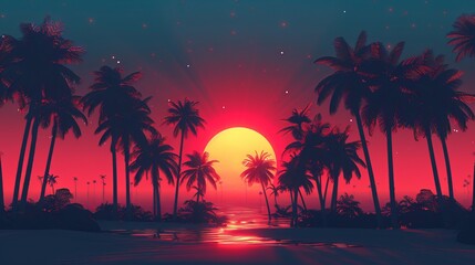 Sunset Over Palm Trees on Beach