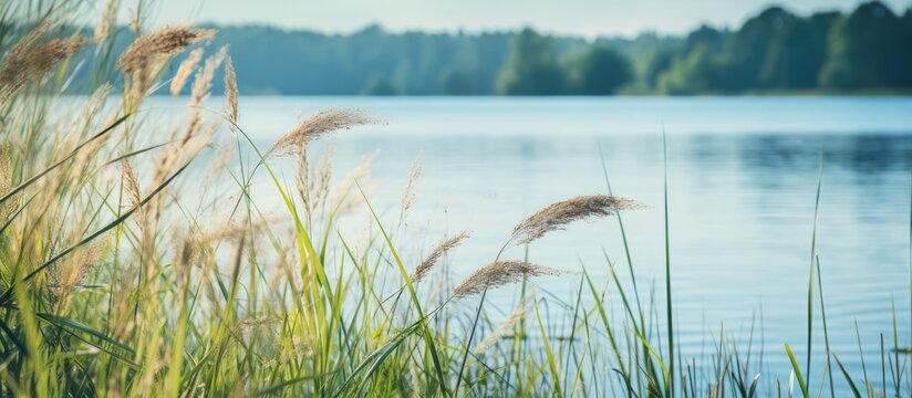Focus is on sedge in this summer landscape with lake water, creating a natural background perfect for your copy space image.
