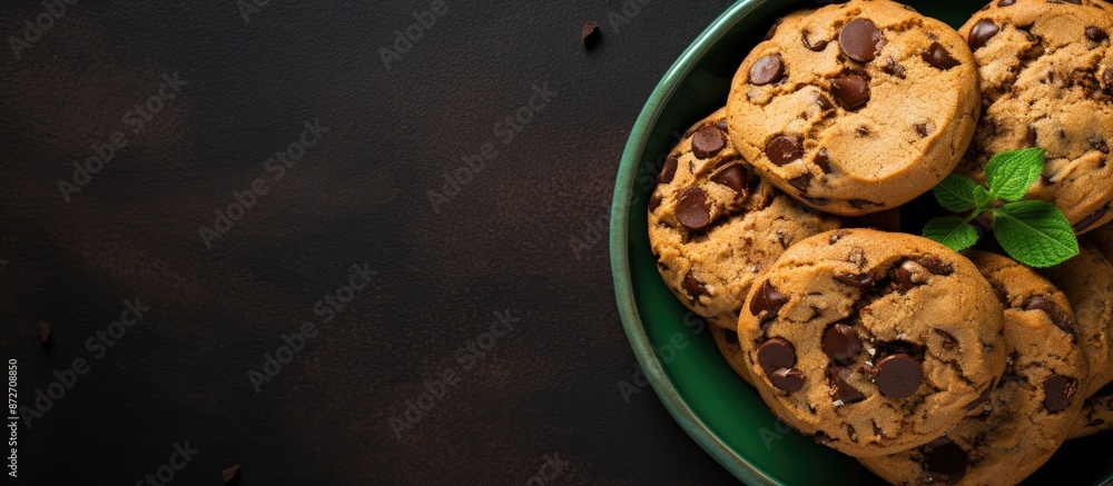 Leinwandbilder top view of a tempting stack of chocolate chip cookies in a green bowl on a black surface with ample
