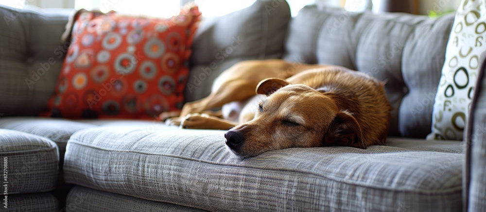 Poster A dozing canine resting on the couch in the living room with plenty of empty space for an image. with copy space image. Place for adding text or design