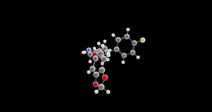 Paroxetine molecule, rotating 3D model of paxil, looped video on a black background