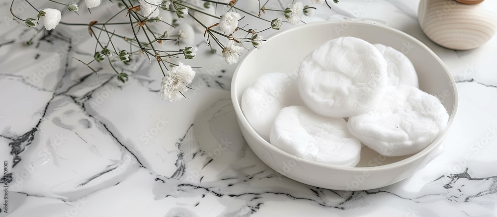Poster makeup remover micellar water on cotton pads for toning skin, displayed on white marble for a beauty
