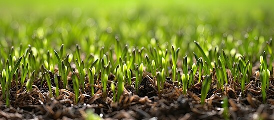 Close-up image of a reseeded lawn with new grass sprouting, featuring a blend of seeds and pebbles, suitable for copy space image
