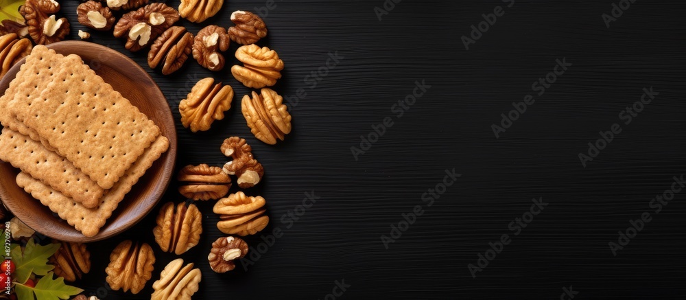 Poster top-down view of a classic walnut cracker and walnuts on a textured dark background with ample space