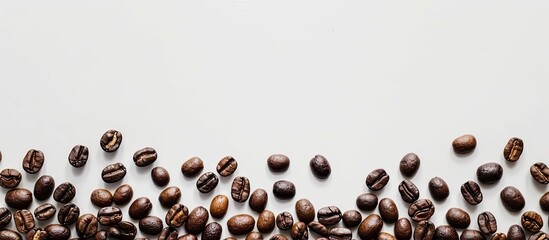 Top-down view of coffee beans creating a border on a white background, offering space for text. Ideal for a flat lay composition with a copy space image.