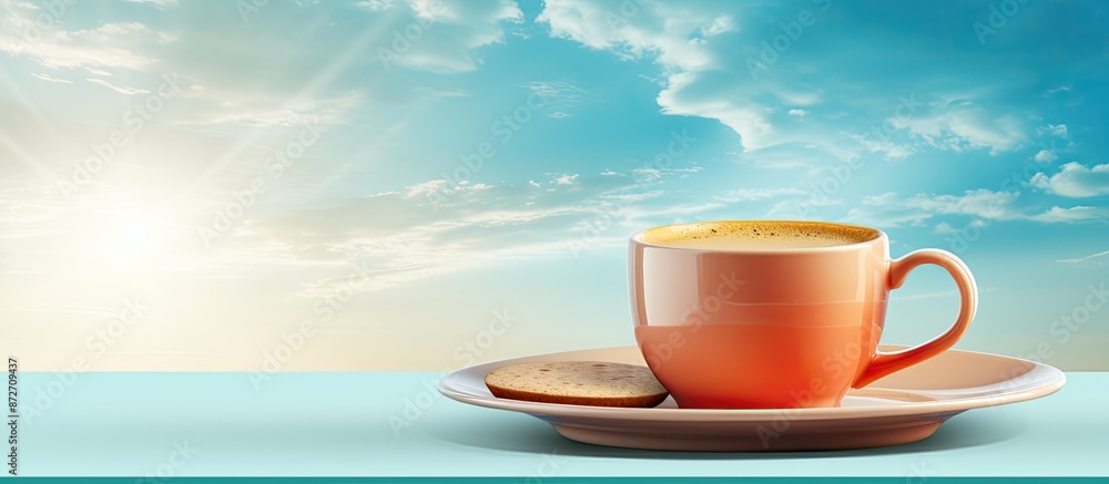 Aufkleber Take a refreshing break with a cup of coffee, text and a cup on a saucer with room for text or design in the background. with copy space image. Place for adding text or design