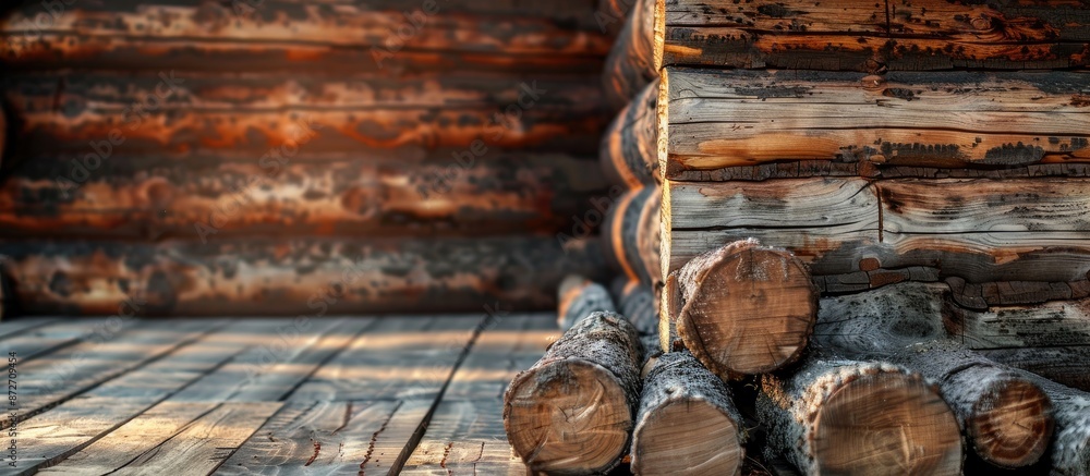 Poster building a house from wooden logs. with copy space image. Place for adding text or design