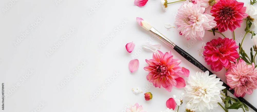 Aufkleber A creative arrangement of pink and white flowers with a paintbrush on a white background, viewed from above and offering empty space for adding text or images. with copy space image