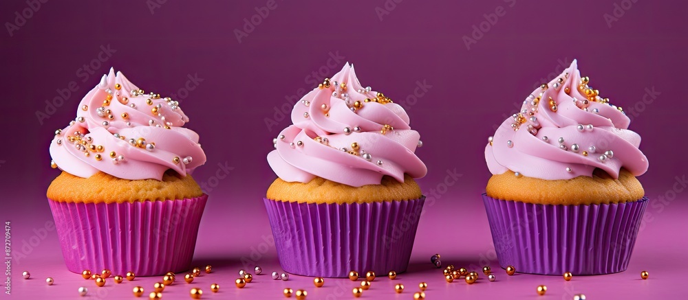 Poster unicorn cupcakes with a delightful charm displayed on a purple backdrop with room for a message in t