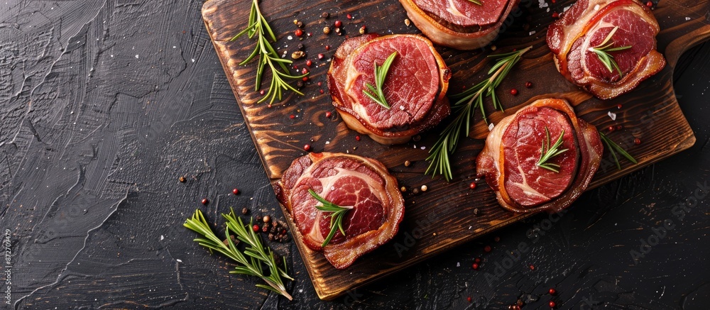 Aufkleber top view of bacon-wrapped beef tenderloin medallions on a dark butcher block, with copy space image.