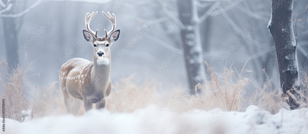 Aufkleber Close-up of a white deer in a winter day setting with copy space image.